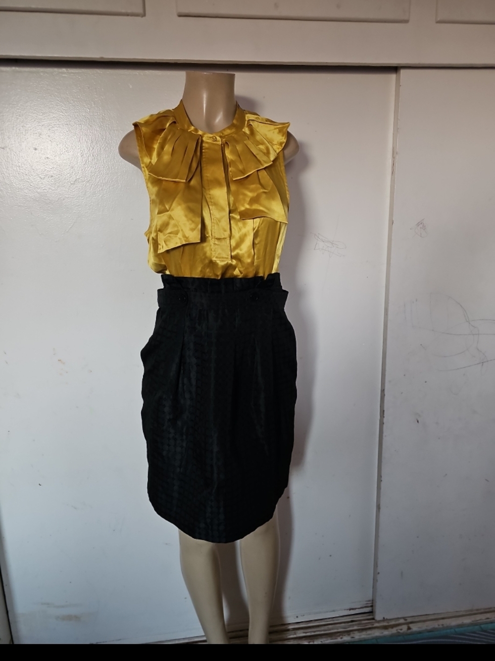 BCBGMaxAzria Yellow Satin Ruffle Blouse with Black Pencil Skirt